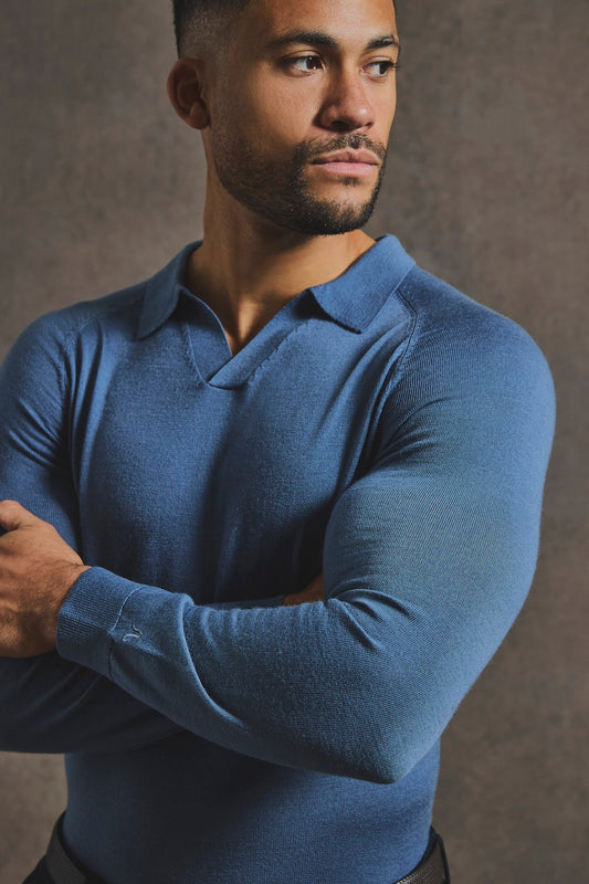 Extra Fine Merino Wool Open Collar Polo Shirt in Airforce Blue