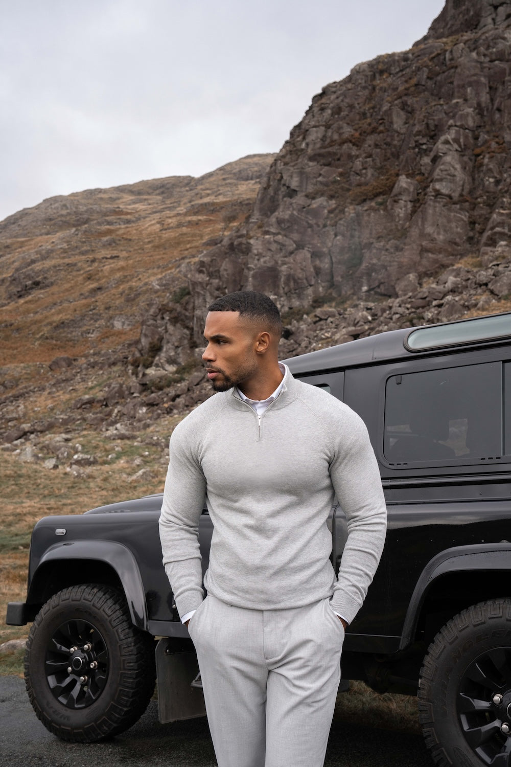 Pure Cotton Knitted Half Zip Neck Sweater in Silver Grey Marl