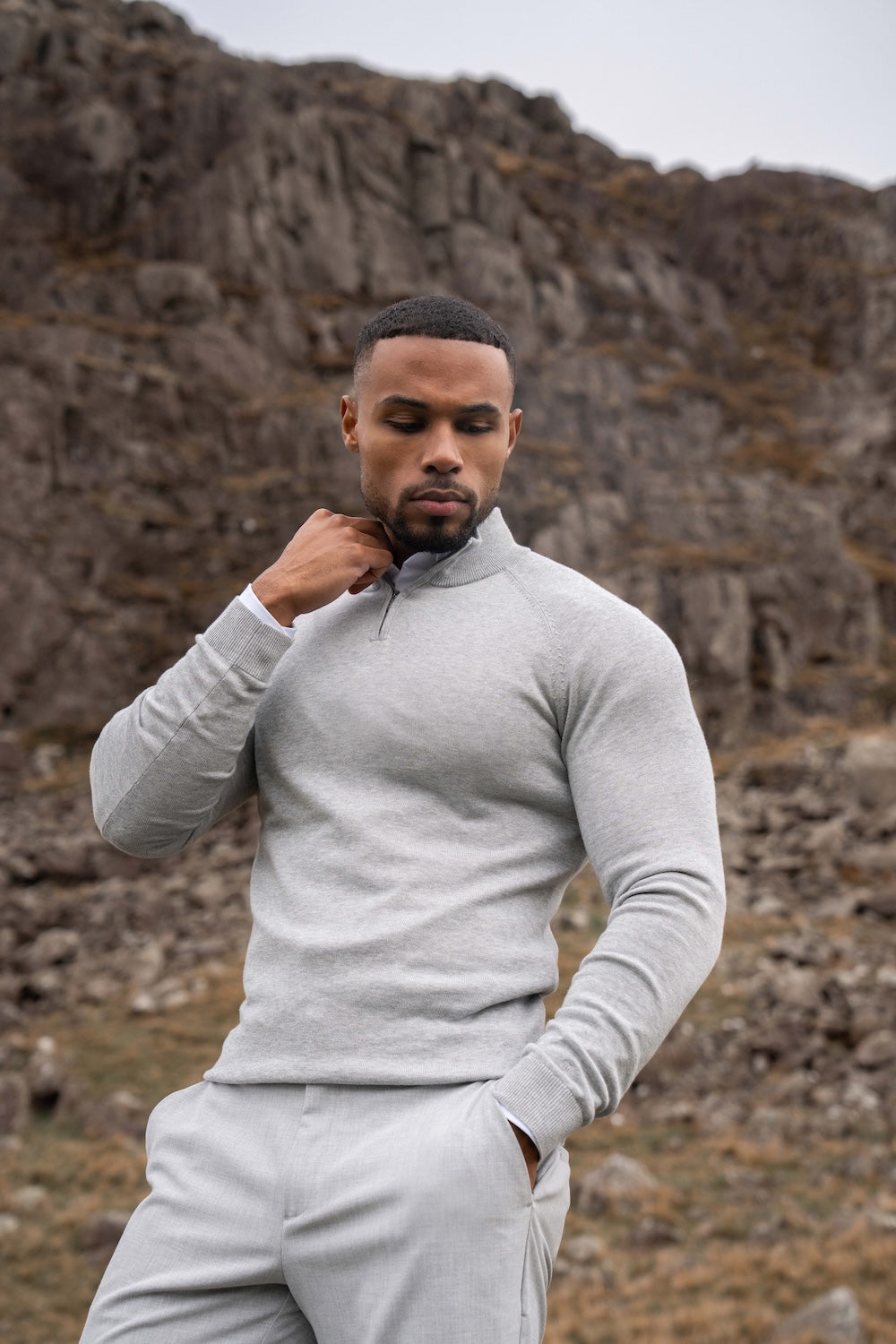 Pure Cotton Knitted Half Zip Neck Sweater in Silver Grey Marl