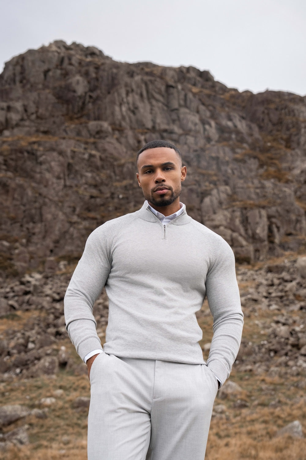 Pure Cotton Knitted Half Zip Neck Sweater in Silver Grey Marl