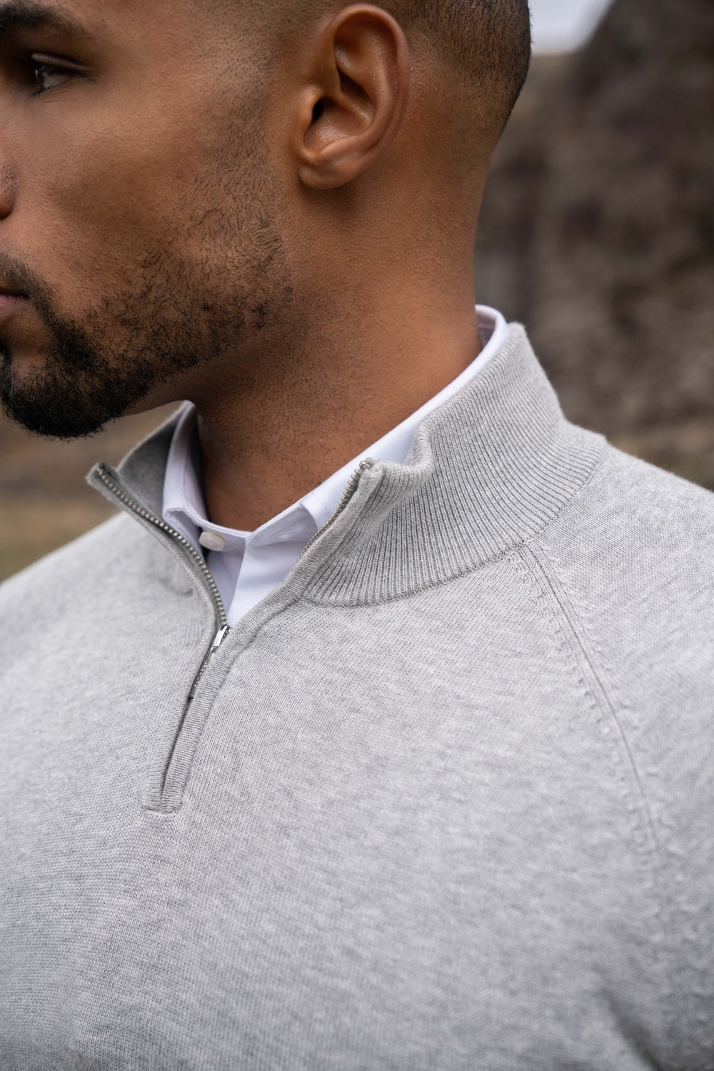 Pure Cotton Knitted Half Zip Neck Sweater in Silver Grey Marl
