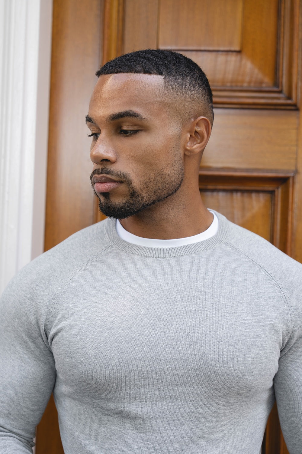 Pure Cotton Knitted Crew Neck Sweater in Silver Grey Marl