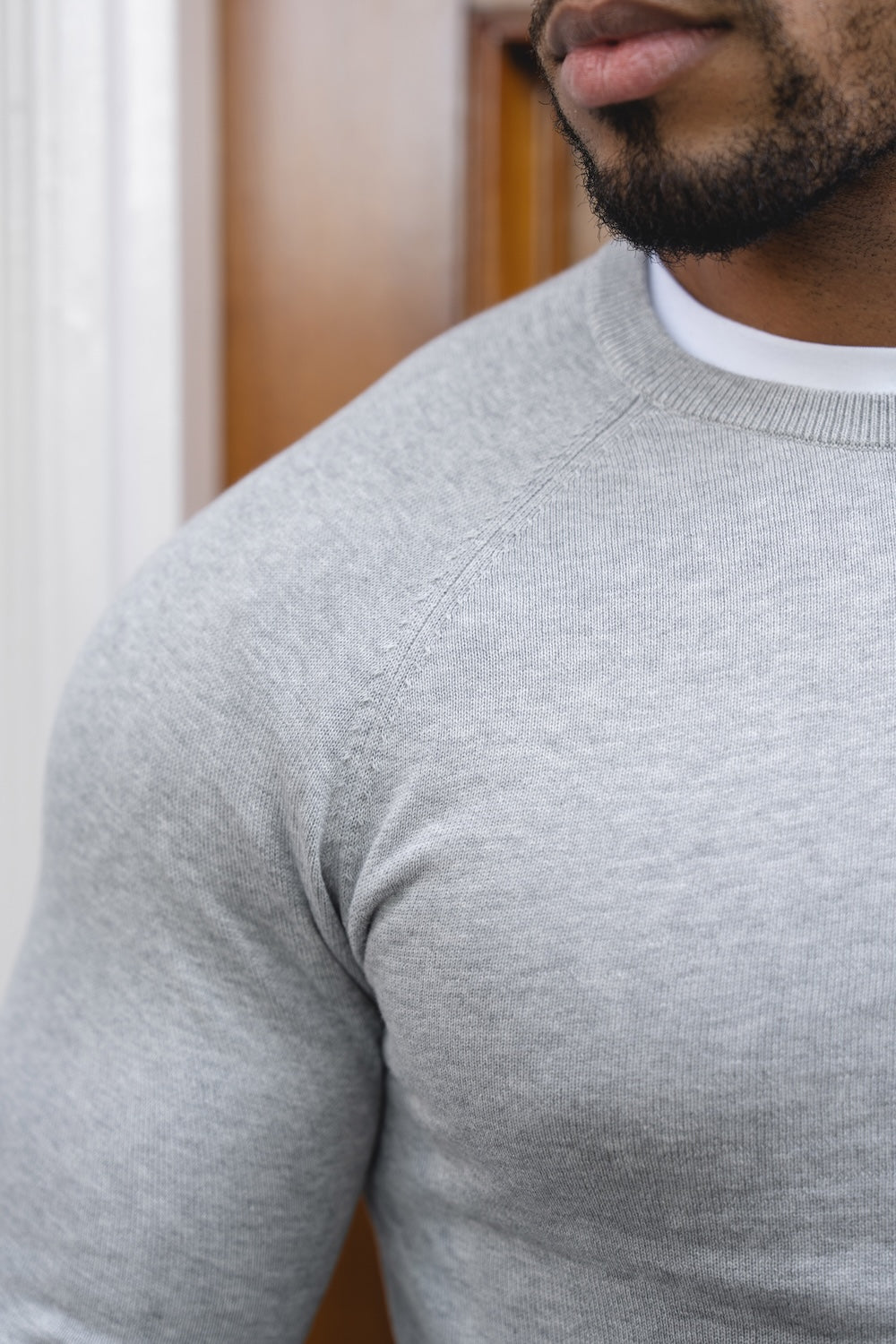 Pure Cotton Knitted Crew Neck Sweater in Silver Grey Marl