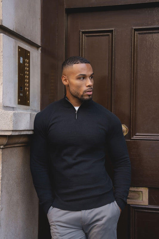 Pure Cotton Knitted Half Zip Neck Sweater in Black