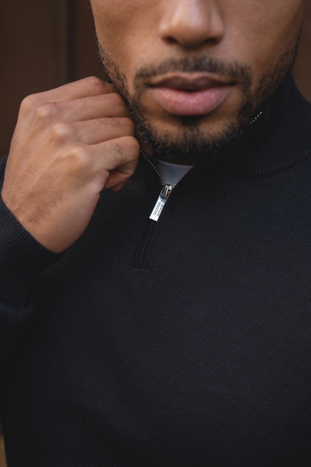 Pure Cotton Knitted Half Zip Neck Sweater in Black