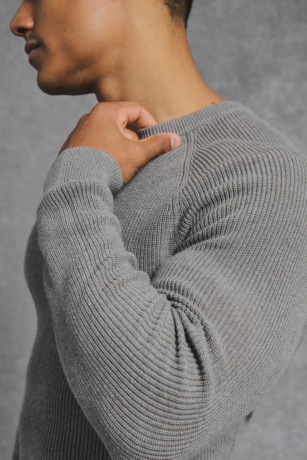 Pure Cotton Knitted Textured Crew Neck Sweater in Charcoal Marl