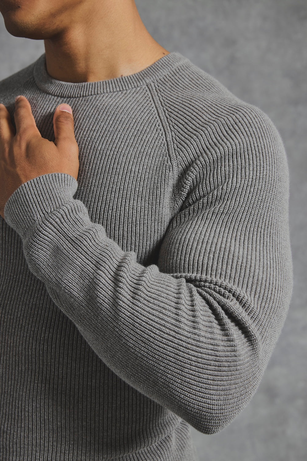 Pure Cotton Knitted Textured Crew Neck Sweater in Charcoal Marl