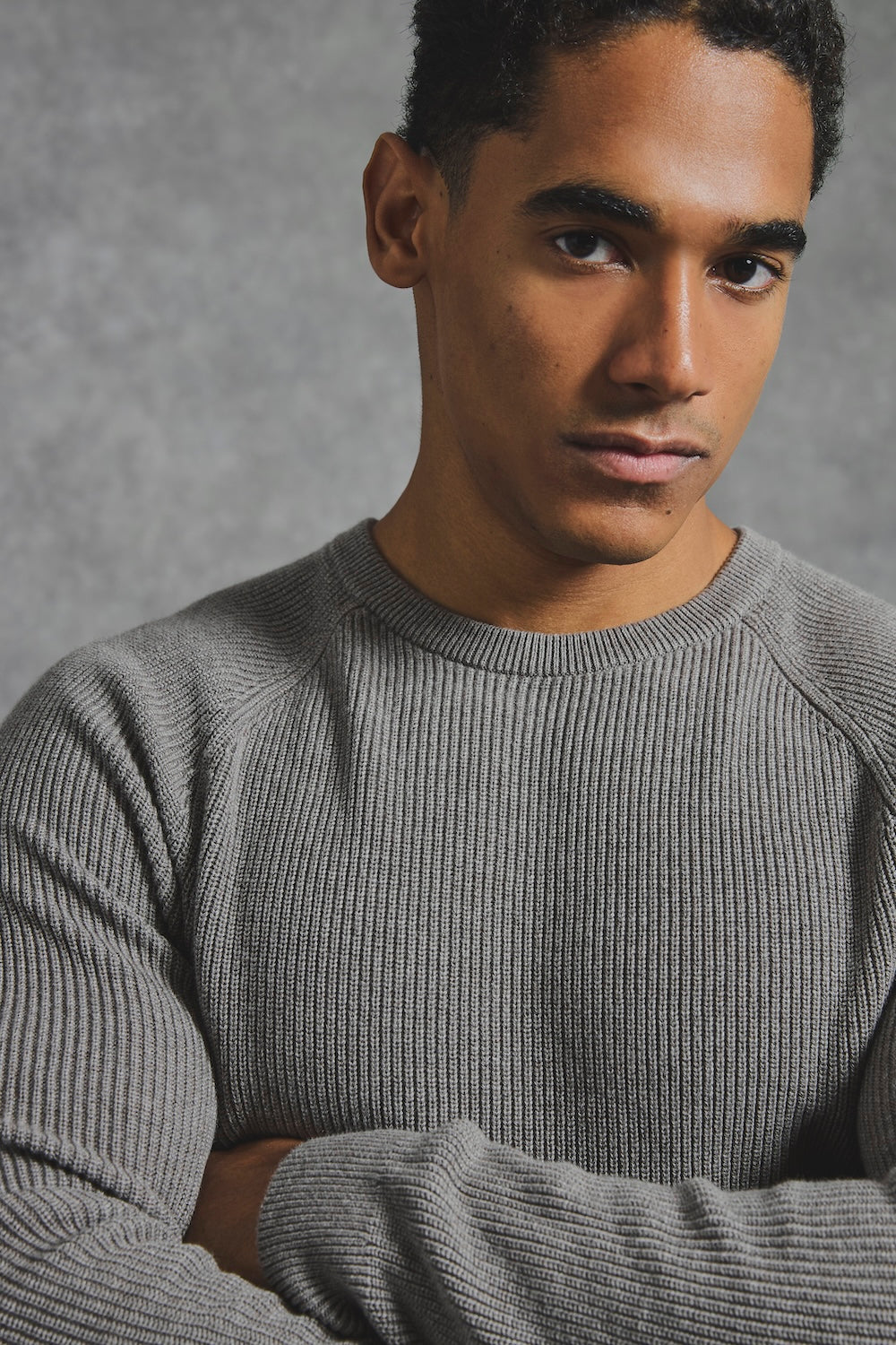 Pure Cotton Knitted Textured Crew Neck Sweater in Charcoal Marl