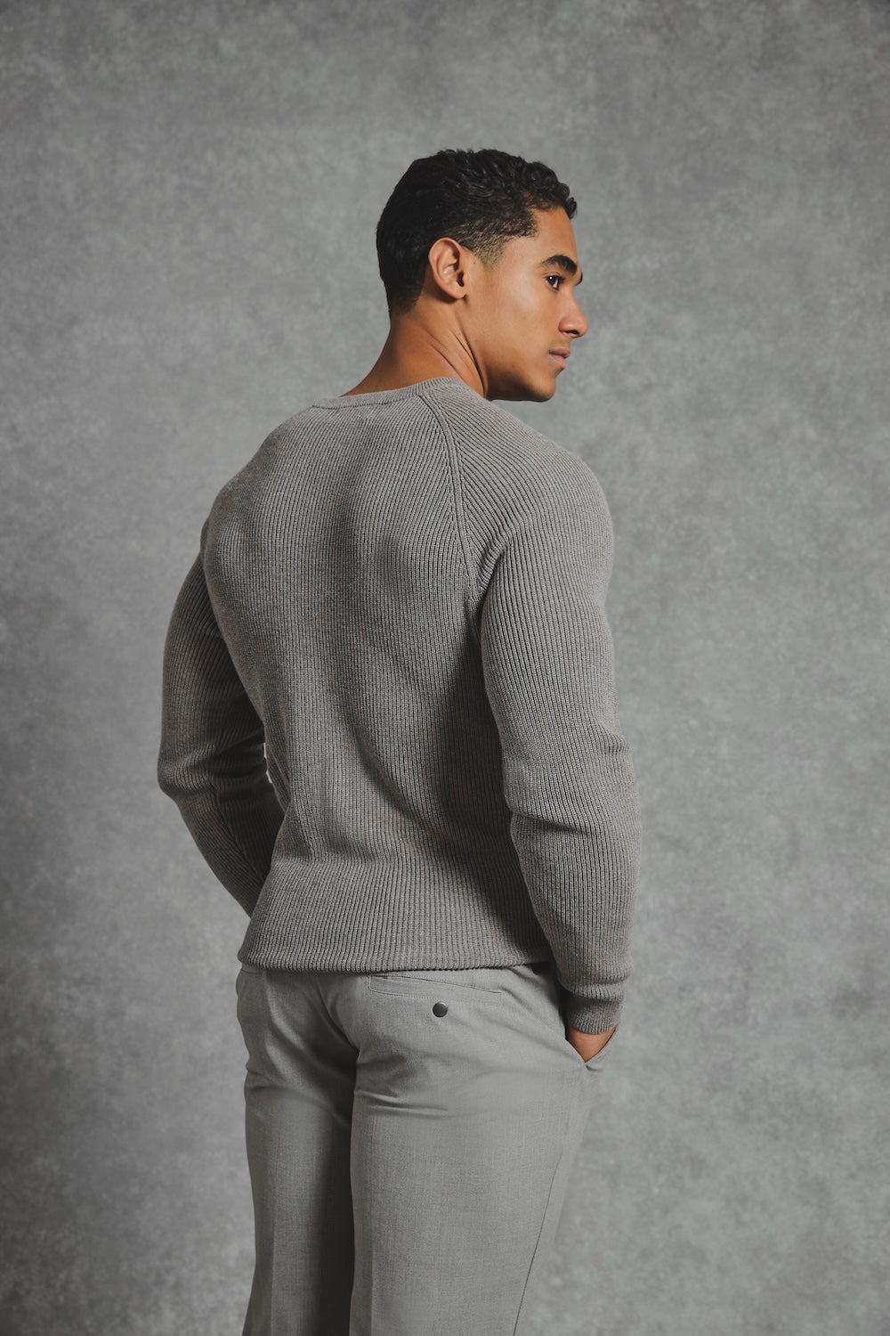 Pure Cotton Knitted Textured Crew Neck Sweater in Charcoal Marl