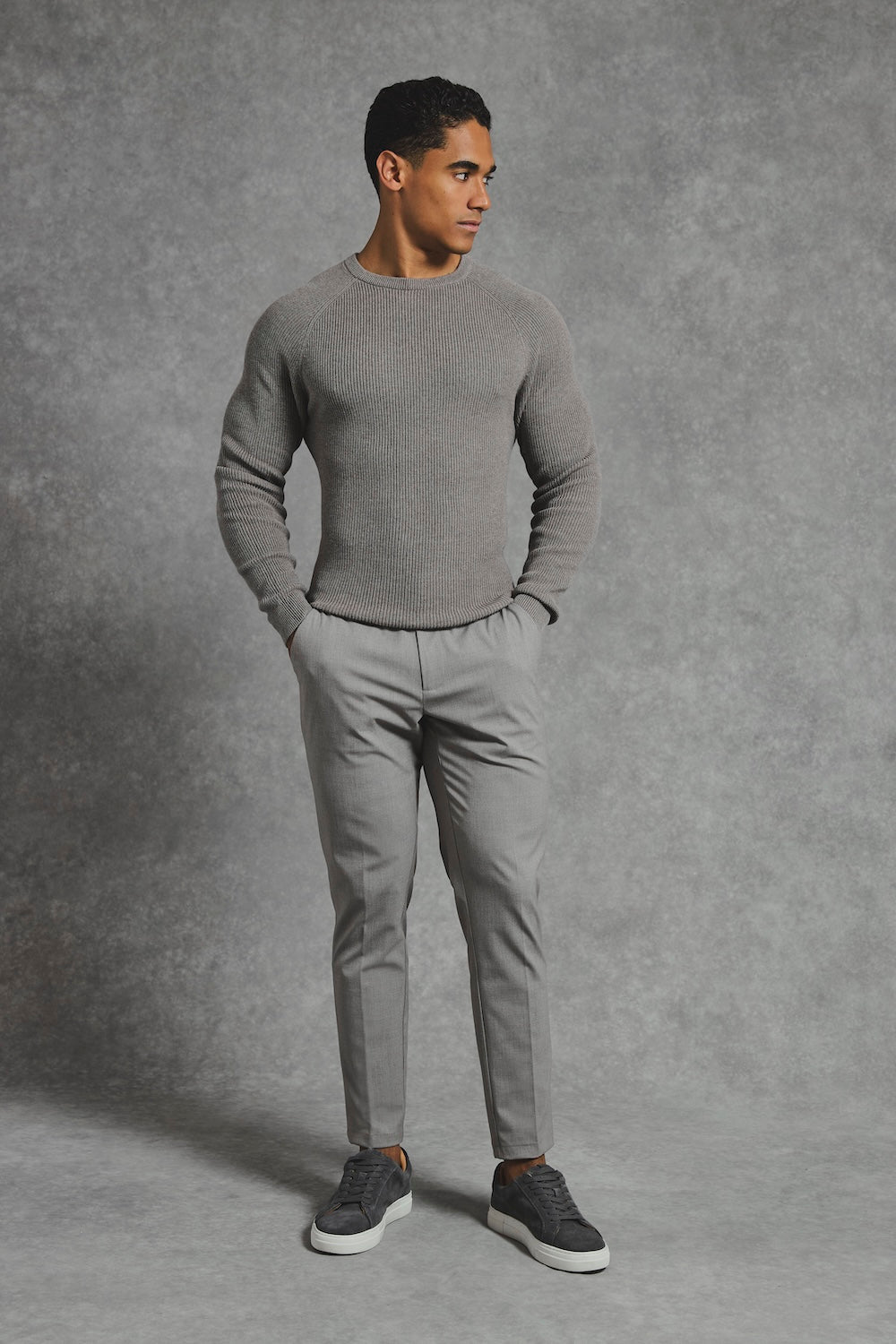Pure Cotton Knitted Textured Crew Neck Sweater in Charcoal Marl