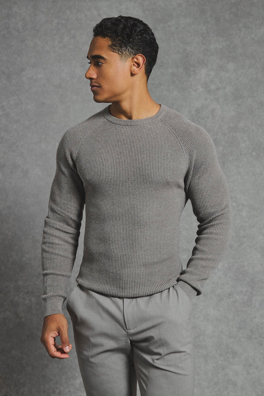 Pure Cotton Knitted Textured Crew Neck Sweater in Charcoal Marl