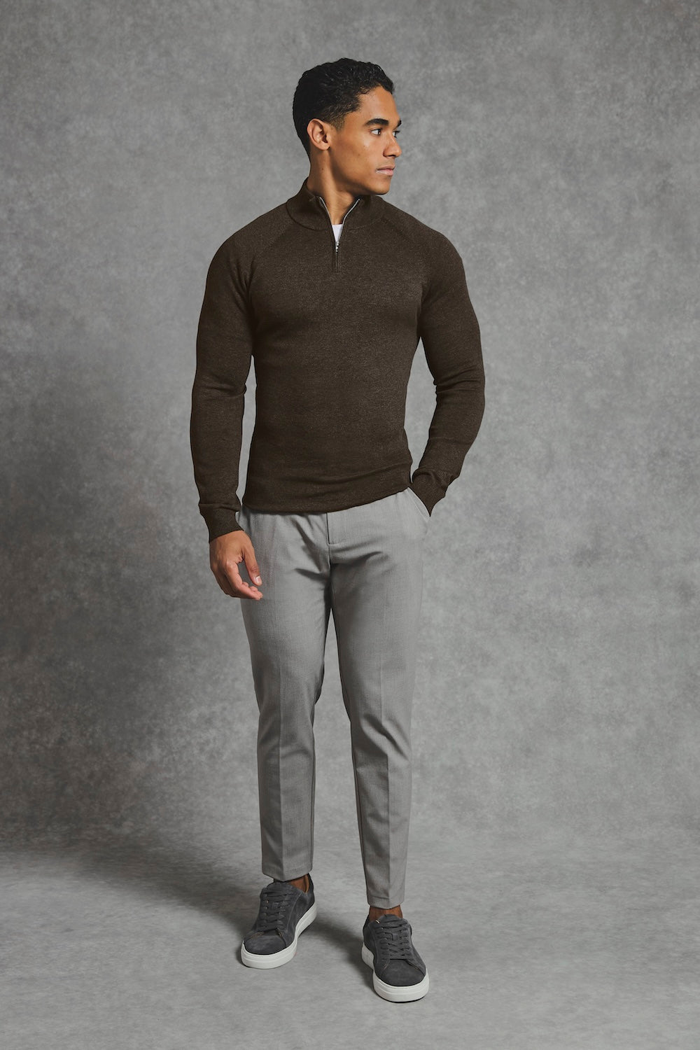 Pure Cotton Knitted Half Zip Neck Sweater in Brown Marl