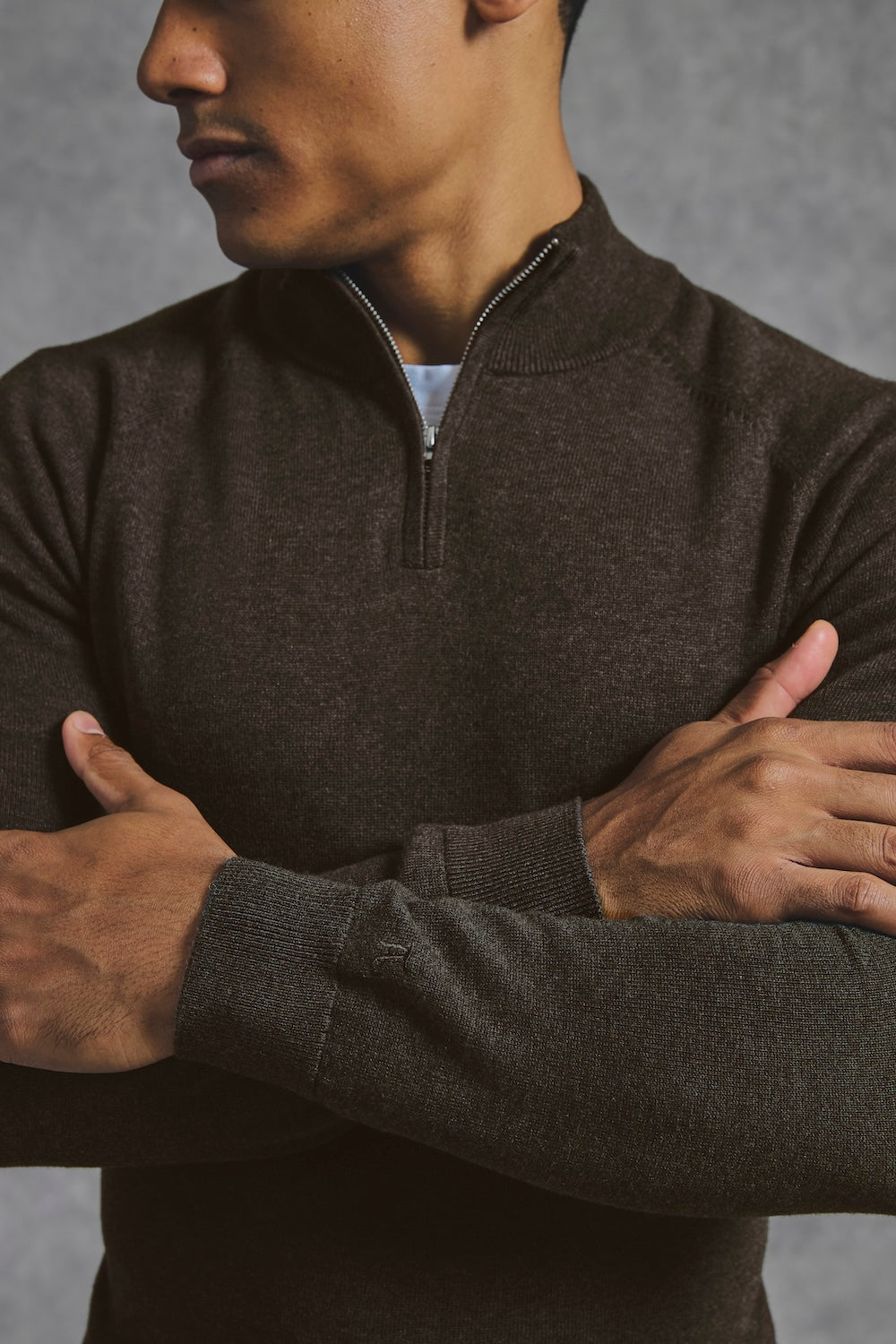 Pure Cotton Knitted Half Zip Neck Sweater in Brown Marl