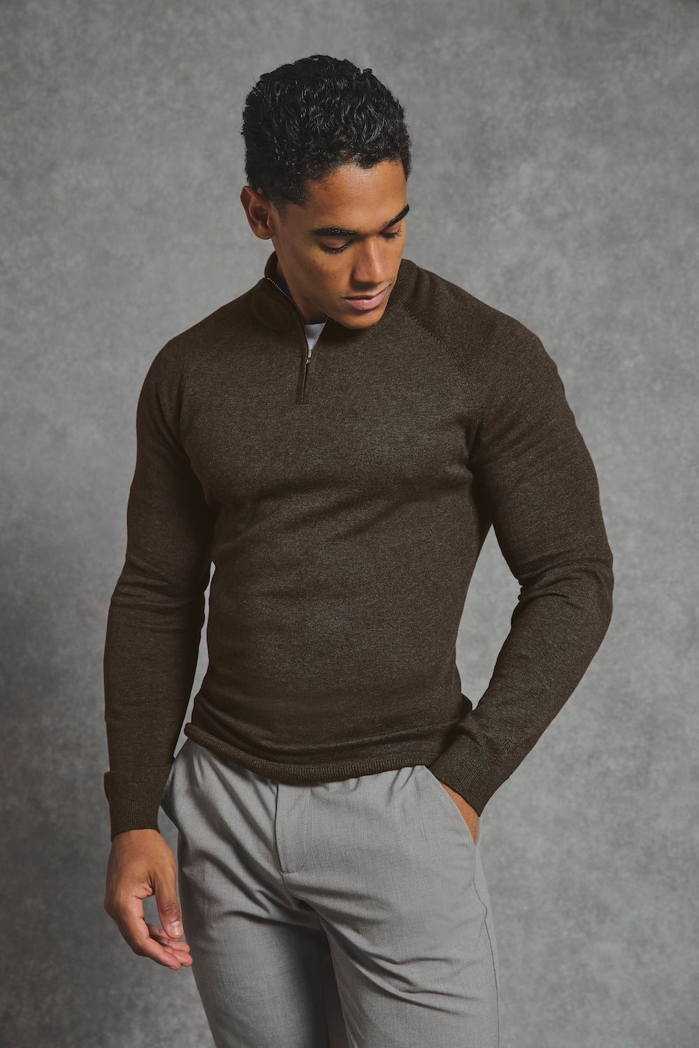 Pure Cotton Knitted Half Zip Neck Sweater in Brown Marl