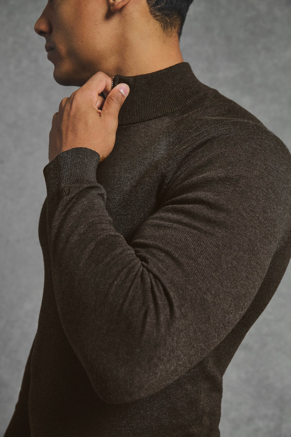 Pure Cotton Knitted Half Zip Neck Sweater in Brown Marl