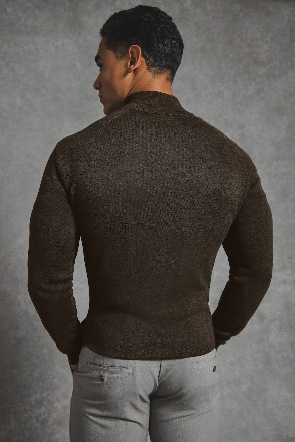 Pure Cotton Knitted Half Zip Neck Sweater in Brown Marl