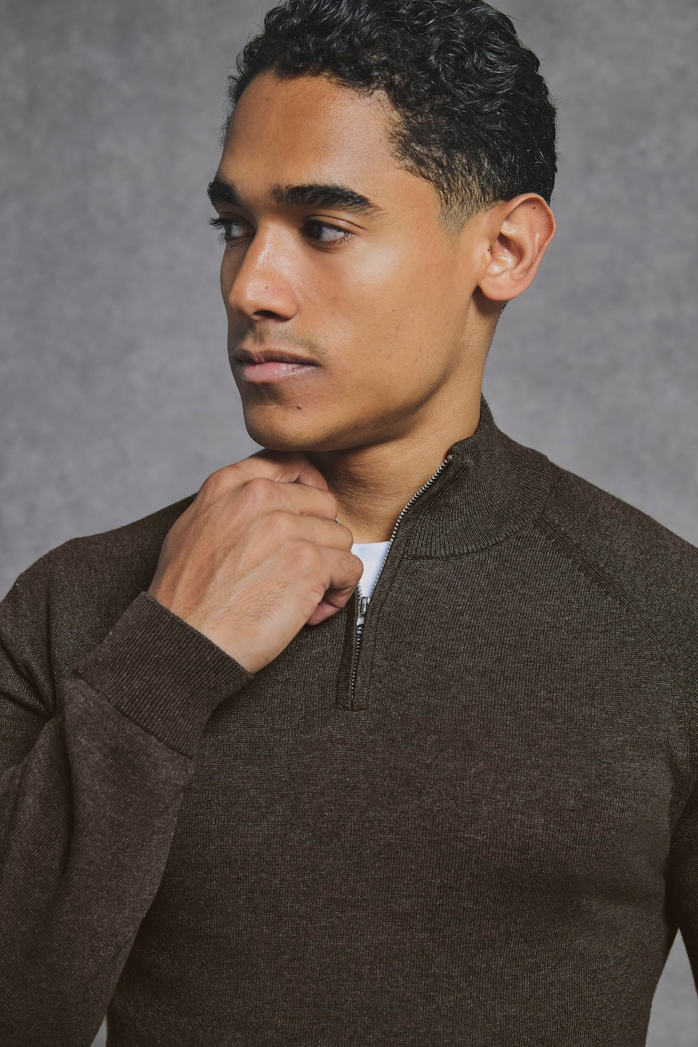 Pure Cotton Knitted Half Zip Neck Sweater in Brown Marl