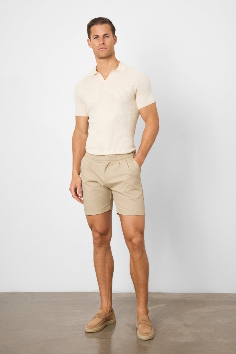Smart Pleated Cotton Side Adjust Short in Stone