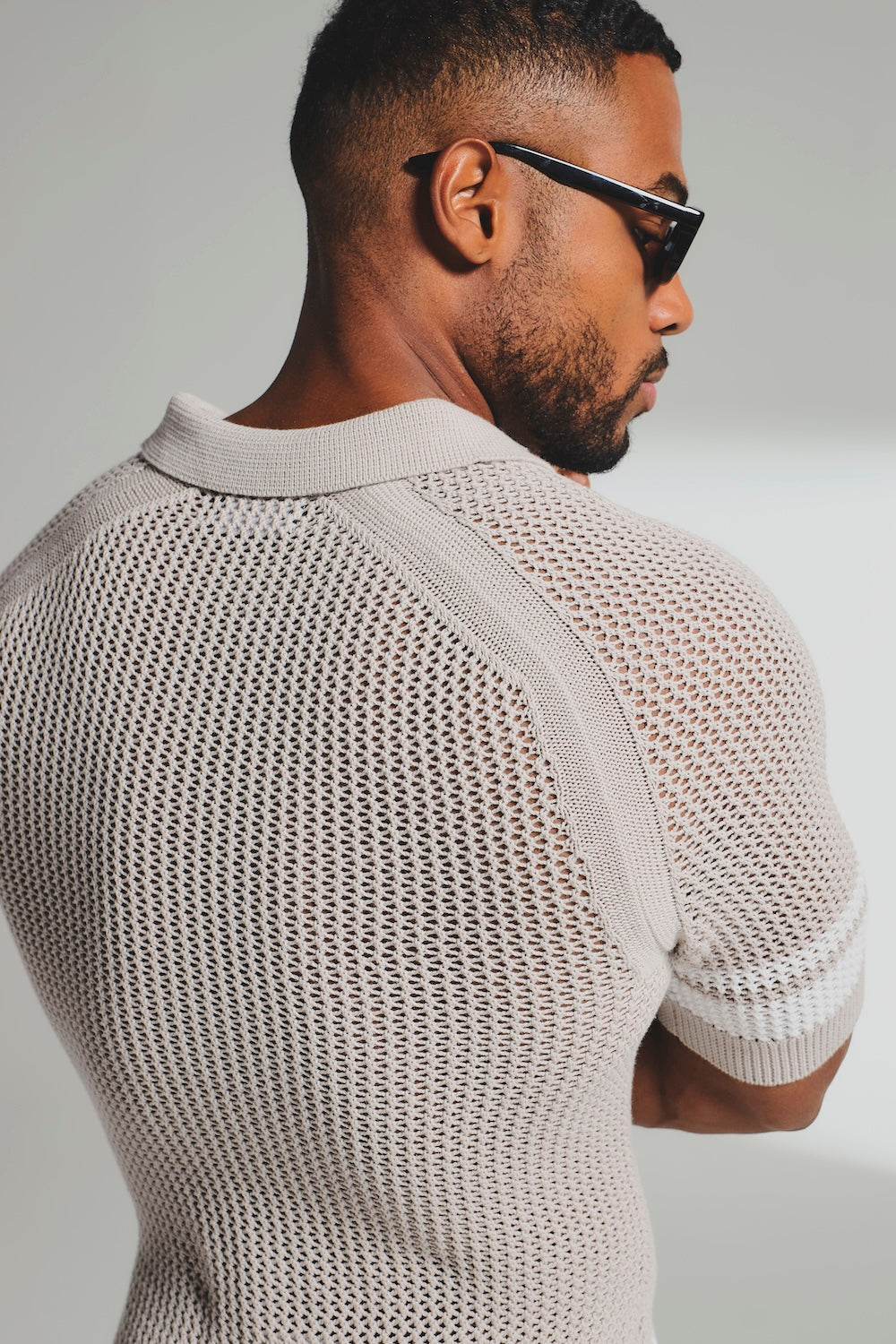 Colour Block Crochet Knitted Shirt in Mushroom and Chalk