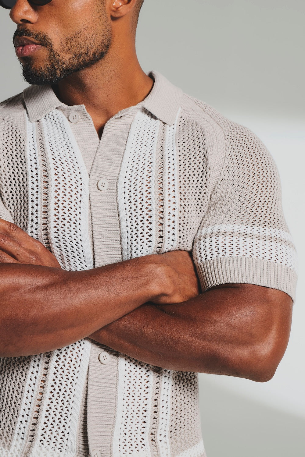 Colour Block Crochet Knitted Shirt in Mushroom and Chalk