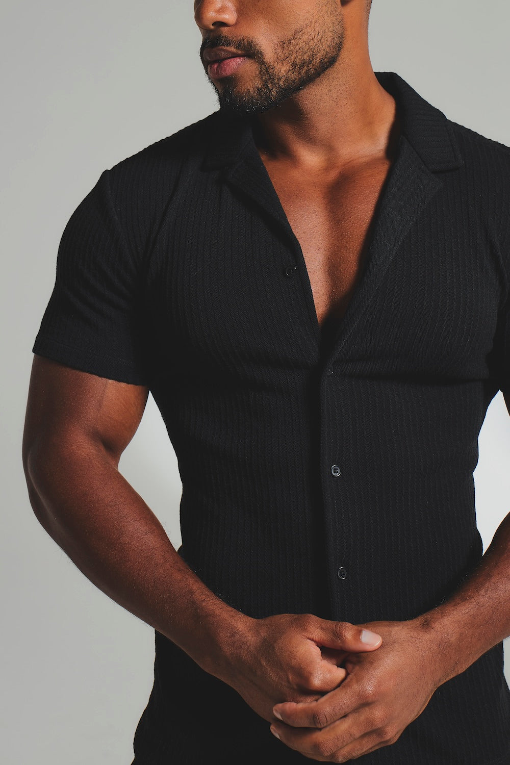 Fine Textured Stripe Cuban Collar Shirt in Black