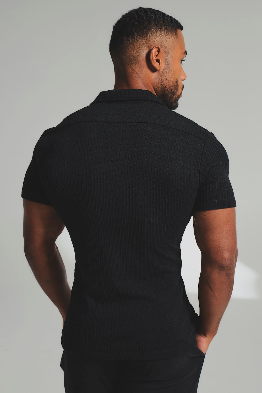 Fine Textured Stripe Cuban Collar Shirt in Black