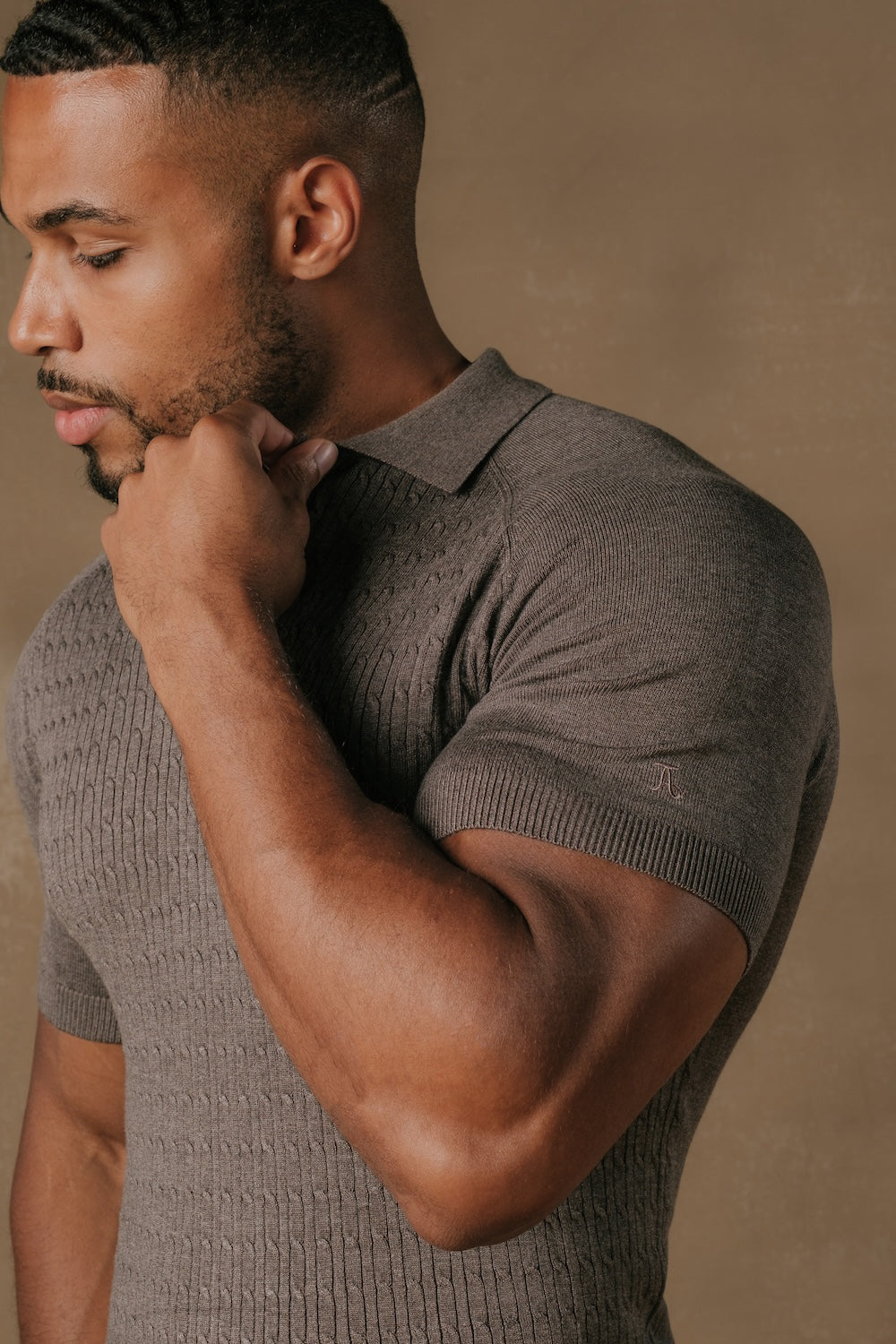 Fine Cable Knitted Polo Shirt in Dark Mocha Marl