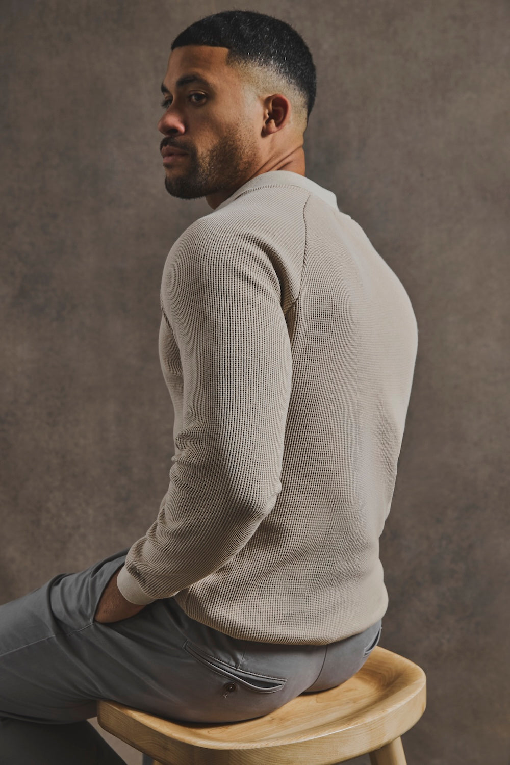 Textured Buttonless Polo Shirt in Stone