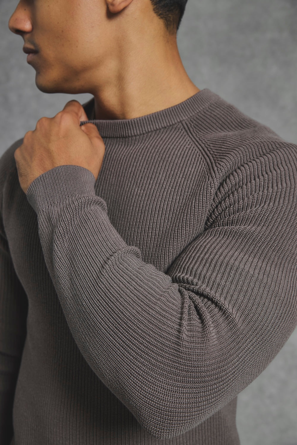 Pure Cotton Knitted Textured Crew Neck Sweater in Truffle