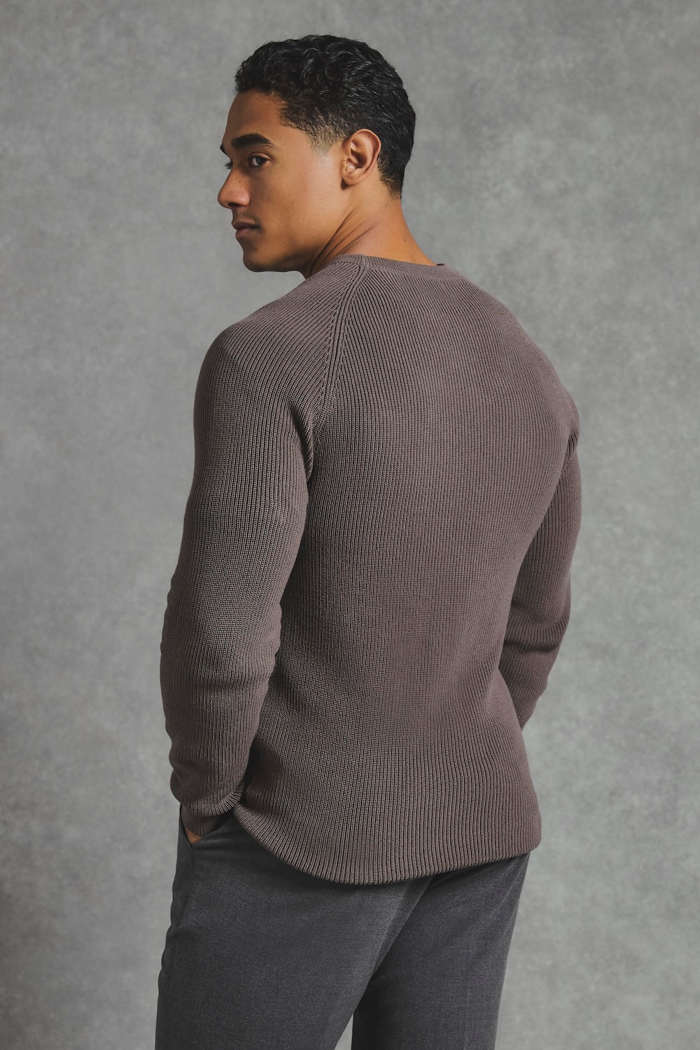 Pure Cotton Knitted Textured Crew Neck Sweater in Truffle