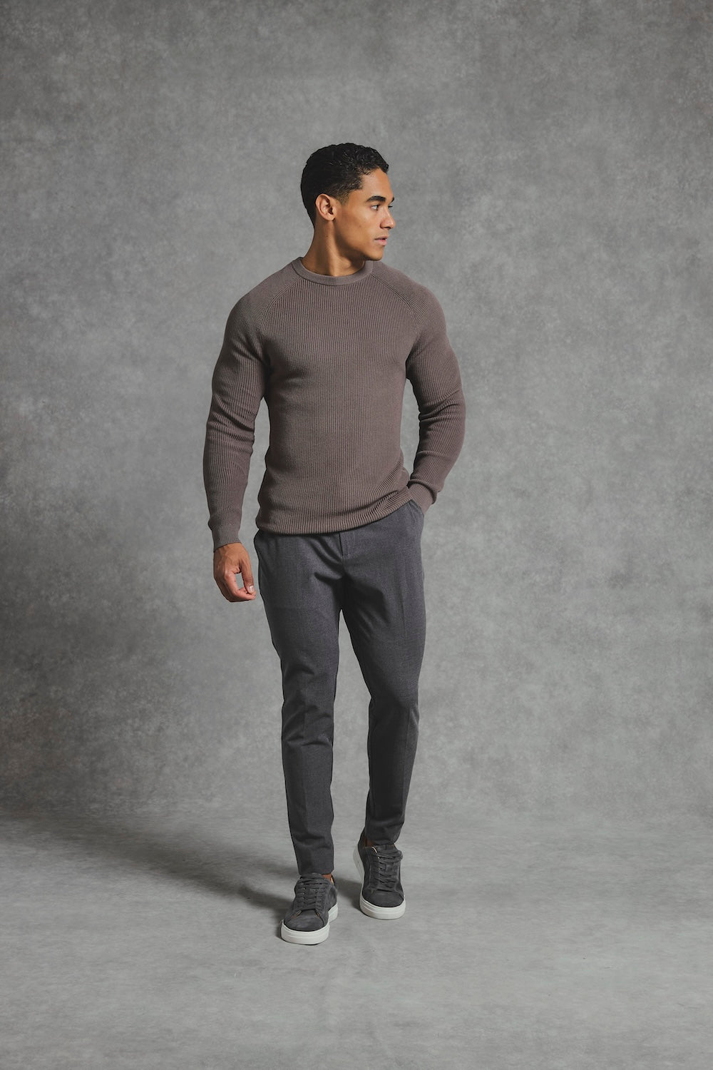 Pure Cotton Knitted Textured Crew Neck Sweater in Truffle