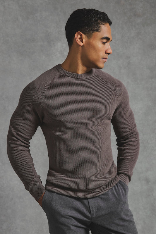 Pure Cotton Knitted Textured Crew Neck Sweater in Truffle