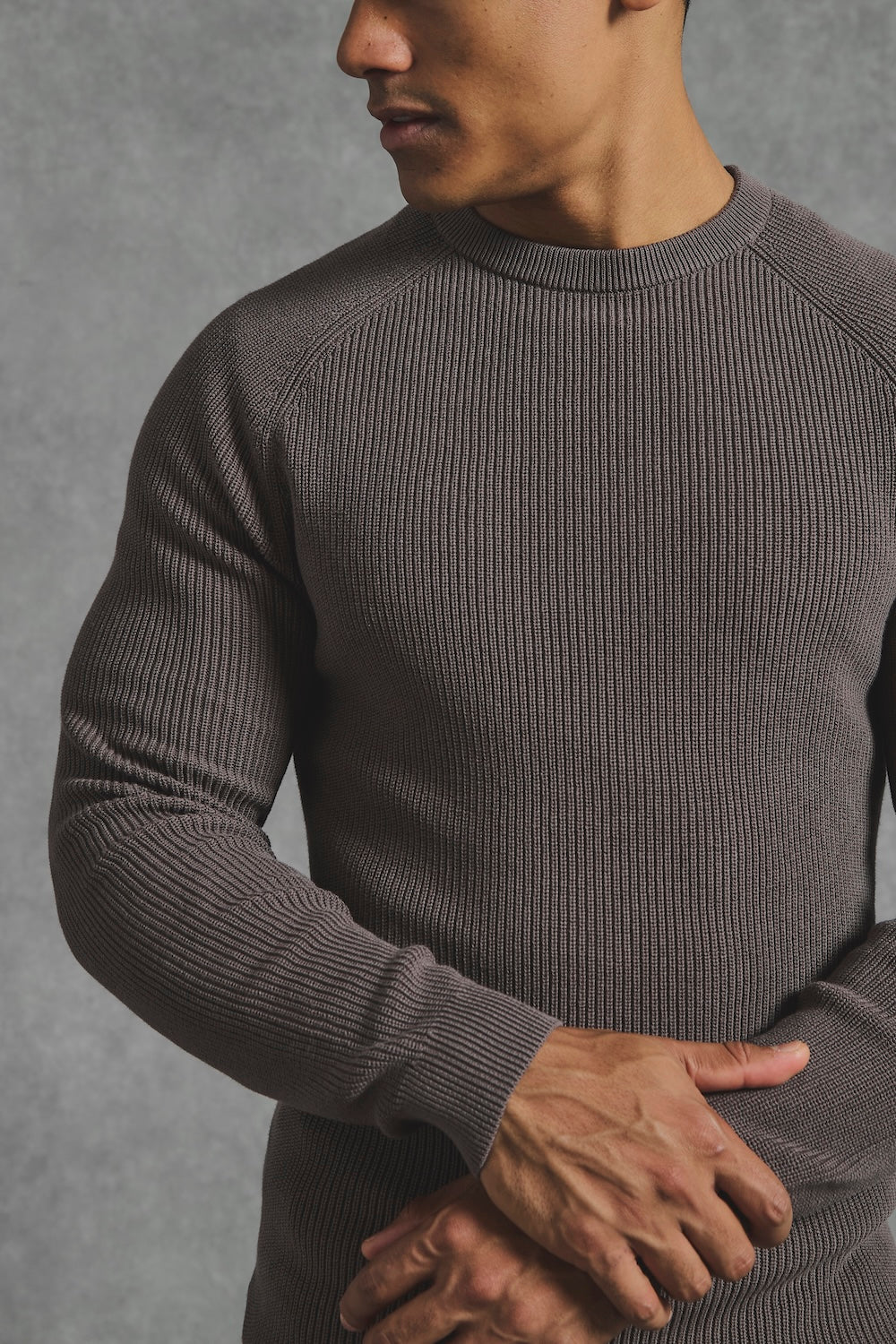 Pure Cotton Knitted Textured Crew Neck Sweater in Truffle