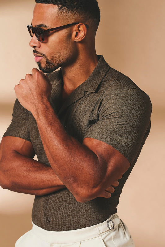 Textured Cuban Collar Shirt in Mocha