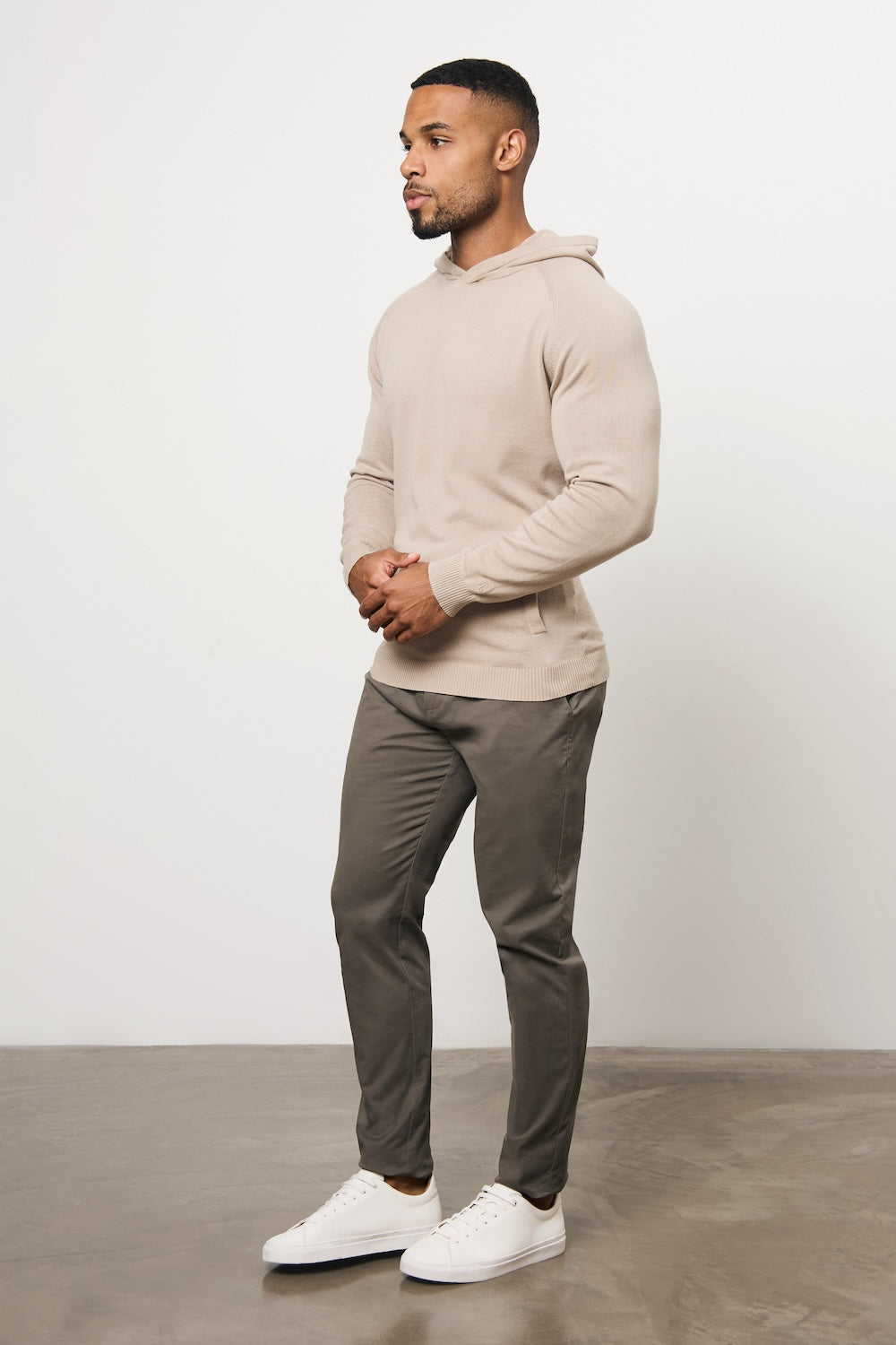 Pure Cotton Knitted Hoodie in Stone